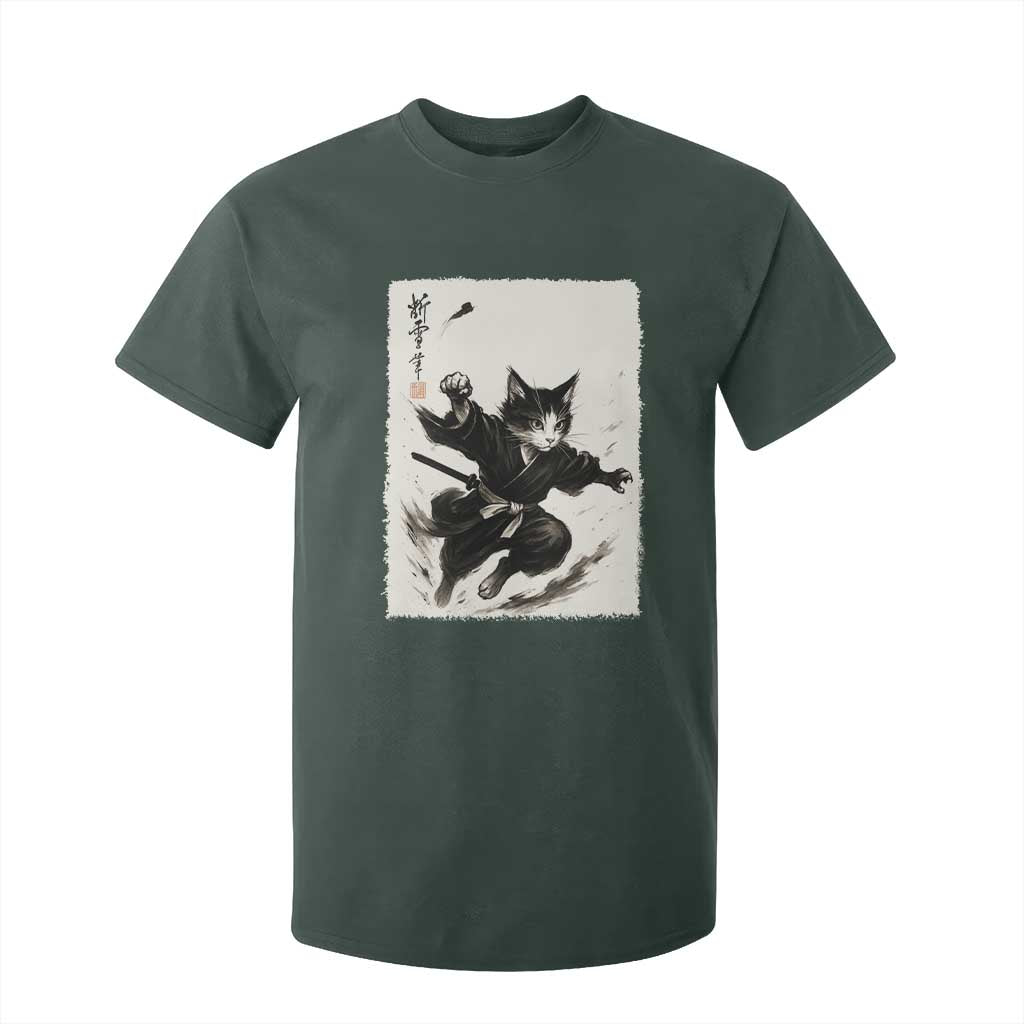 Samurai Cat T Shirt For Kid Japanese Sumie Cat Warrior Art TS12 Dark Forest Green Print Your Wear