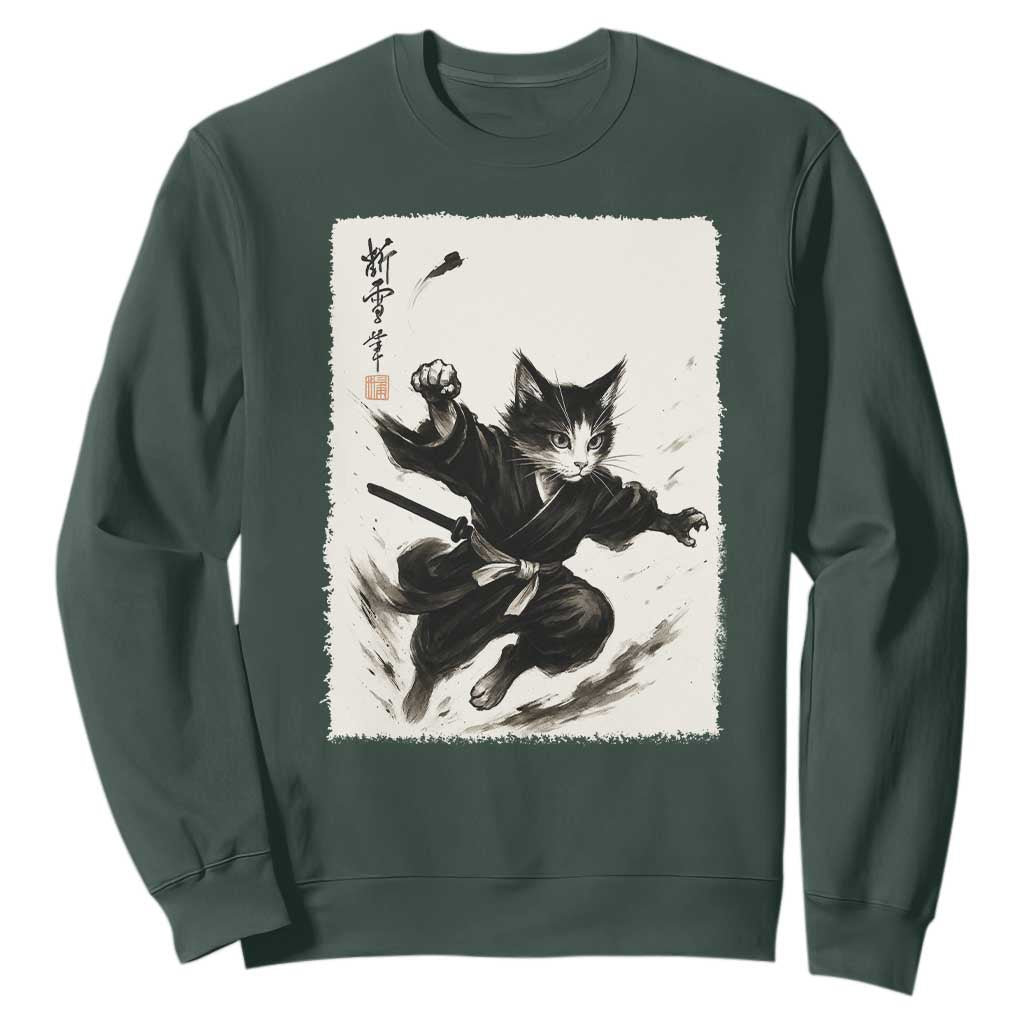 Samurai Cat Sweatshirt Japanese Sumie Cat Warrior Art TS12 Dark Forest Green Print Your Wear