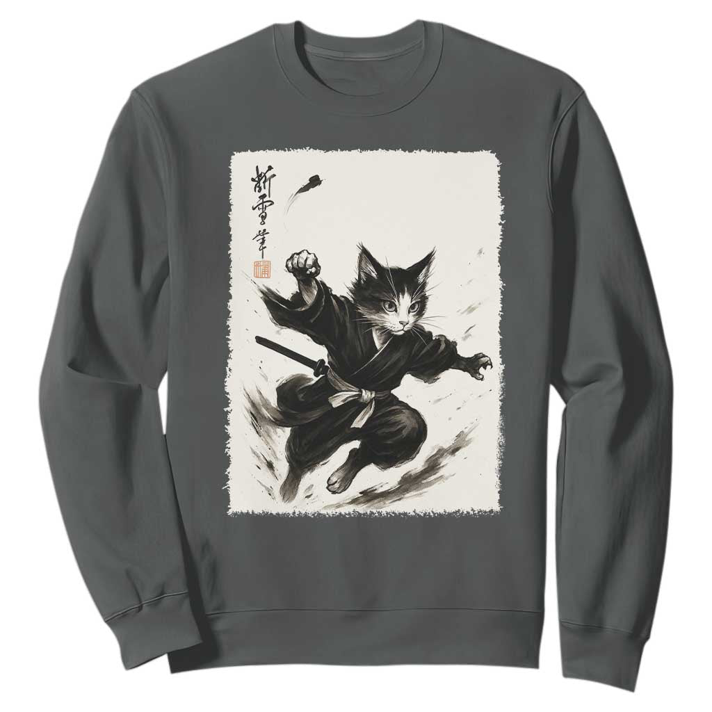 Samurai Cat Sweatshirt Japanese Sumie Cat Warrior Art TS12 Dark Heather Print Your Wear