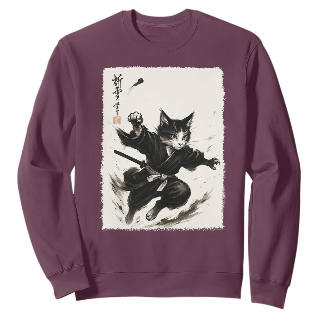 Samurai Cat Sweatshirt Japanese Sumie Cat Warrior Art TS12 Maroon Print Your Wear