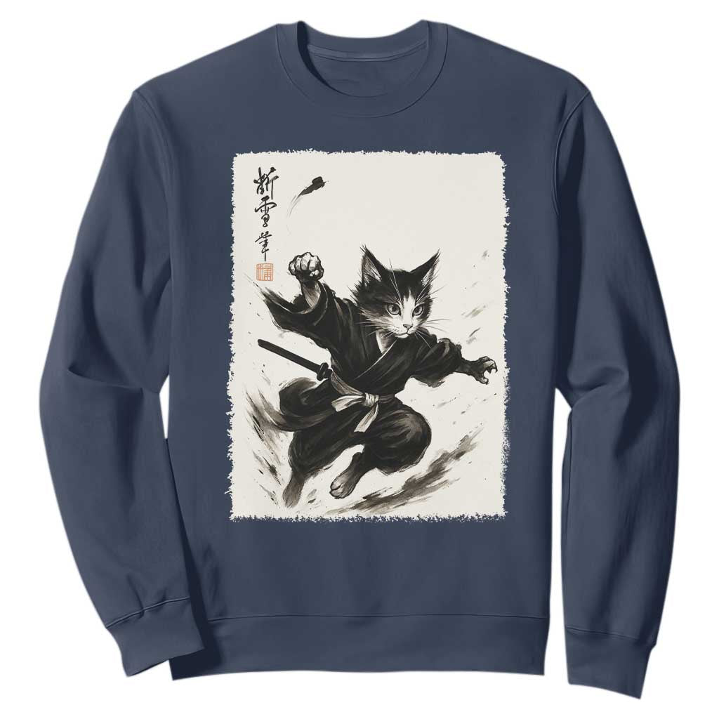 Samurai Cat Sweatshirt Japanese Sumie Cat Warrior Art TS12 Navy Print Your Wear