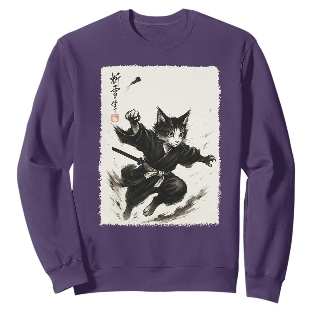 Samurai Cat Sweatshirt Japanese Sumie Cat Warrior Art TS12 Purple Print Your Wear