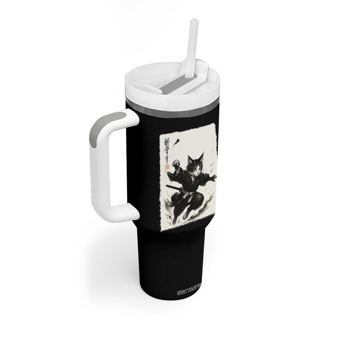 Samurai Cat Tumbler With Handle Japanese Sumie Cat Warrior Art TS12 Print Your Wear