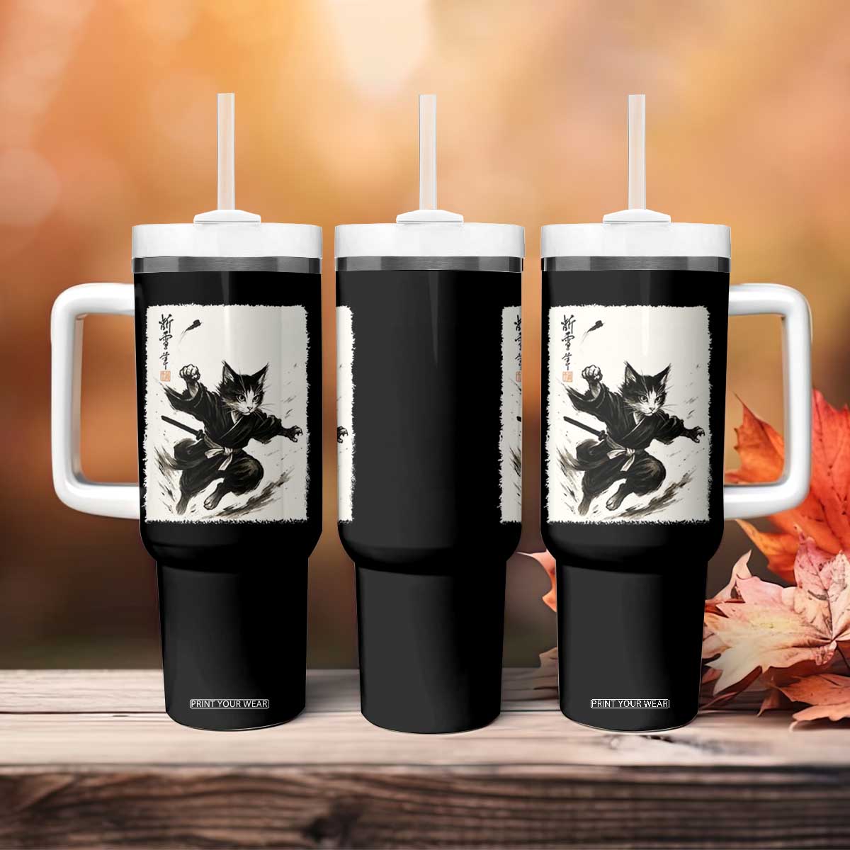 Samurai Cat Tumbler With Handle Japanese Sumie Cat Warrior Art TS12 Print Your Wear