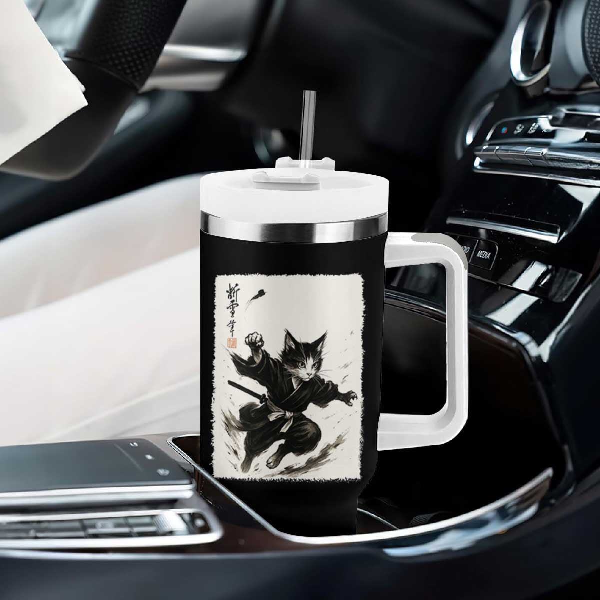 Samurai Cat Tumbler With Handle Japanese Sumie Cat Warrior Art TS12 Print Your Wear