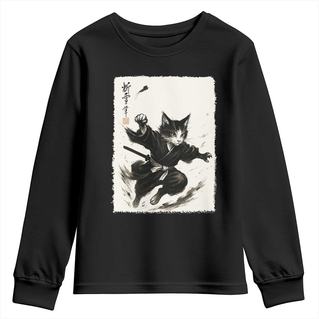 Samurai Cat Youth Sweatshirt Japanese Sumie Cat Warrior Art TS12 Black Print Your Wear