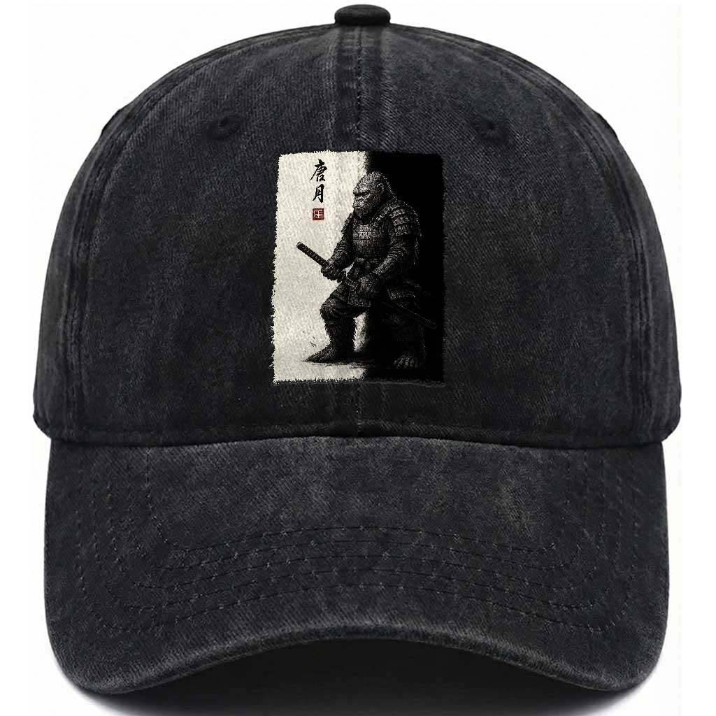 Samurai Bigfoot Washed Cotton Baseball Cap Japanese Vintage Graphic Sumie Warrior Art TS12 Print Your Wear