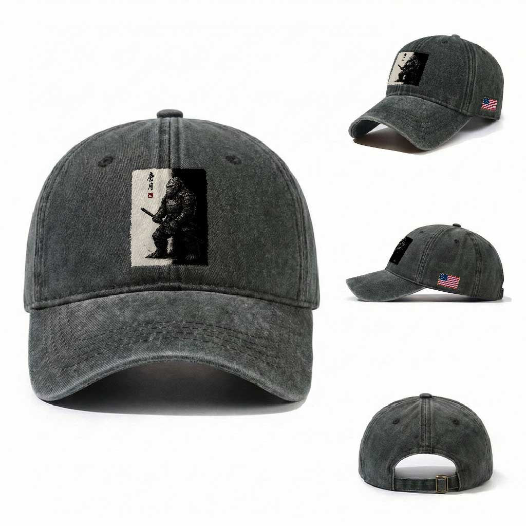 Samurai Bigfoot Washed Cotton Baseball Cap Japanese Vintage Graphic Sumie Warrior Art TS12 Washed Cap Universal Fit Dark Green Print Your Wear