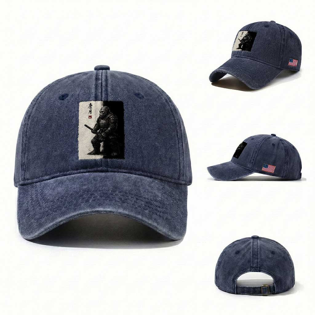 Samurai Bigfoot Washed Cotton Baseball Cap Japanese Vintage Graphic Sumie Warrior Art TS12 Washed Cap Universal Fit Navy Print Your Wear