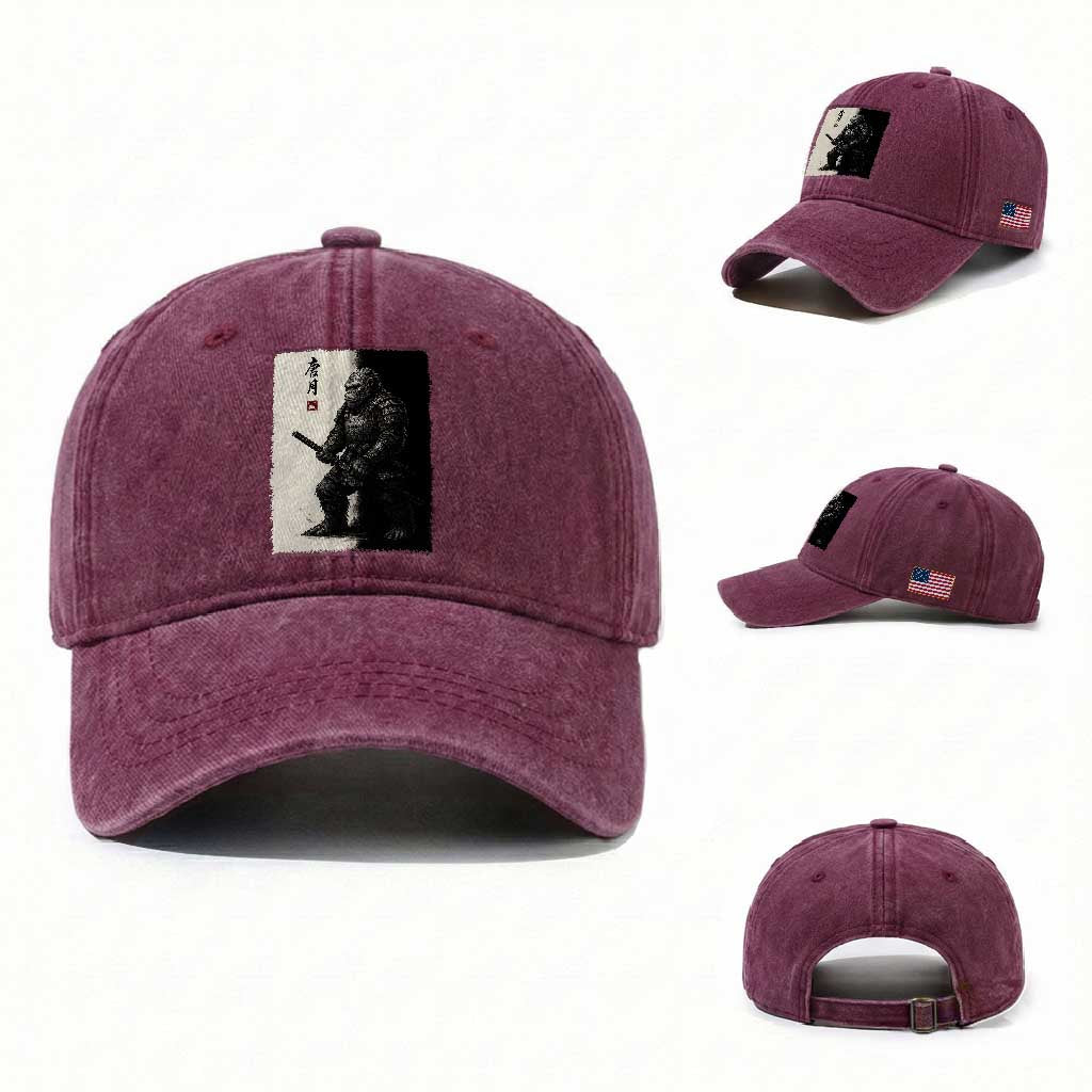 Samurai Bigfoot Washed Cotton Baseball Cap Japanese Vintage Graphic Sumie Warrior Art TS12 Washed Cap Universal Fit Burgundy Print Your Wear