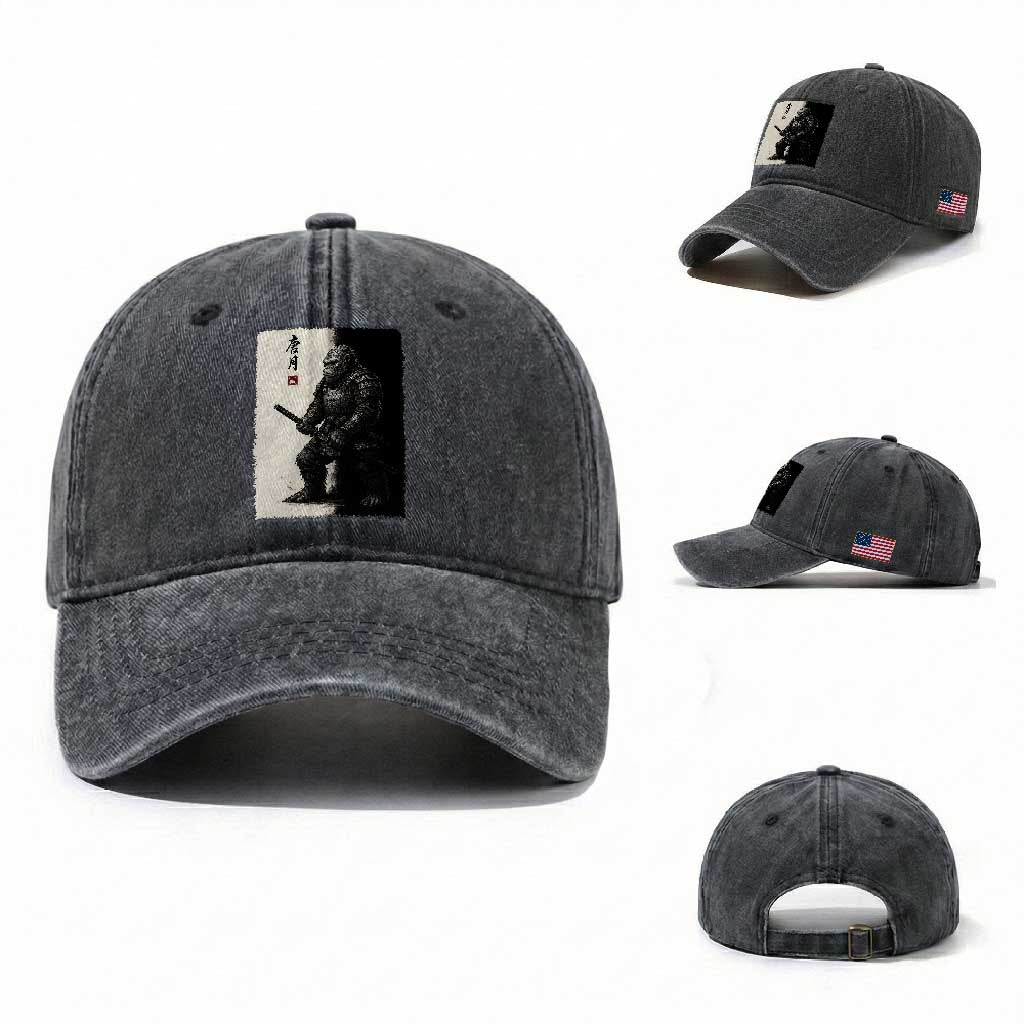 Samurai Bigfoot Washed Cotton Baseball Cap Japanese Vintage Graphic Sumie Warrior Art TS12 Washed Cap Universal Fit Dark Gray Print Your Wear