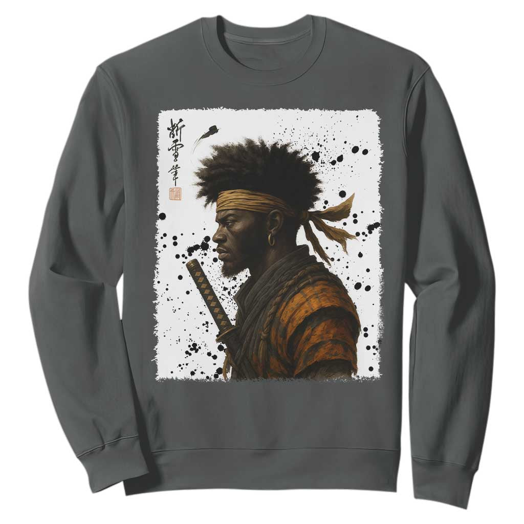 Afro American Samurai Sweatshirt Japanese Vintage Graphic Sumie Katana TS12 Dark Heather Print Your Wear
