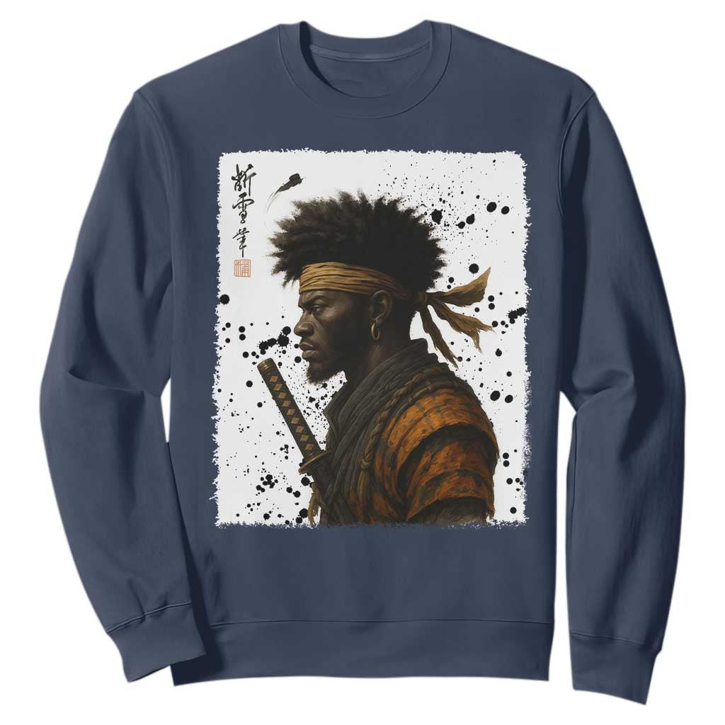 Afro American Samurai Sweatshirt Japanese Vintage Graphic Sumie Katana TS12 Navy Print Your Wear