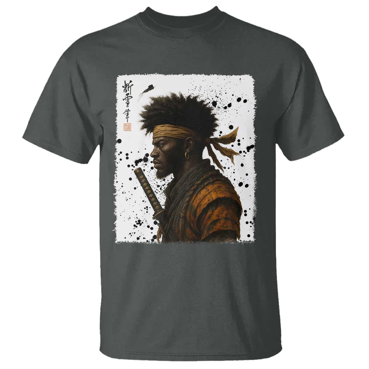Afro American Samurai T Shirt Japanese Vintage Graphic Sumie Katana TS12 Dark Heather Print Your Wear