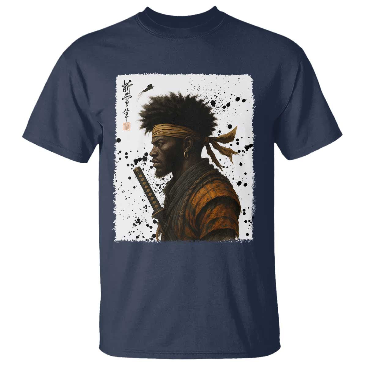 Afro American Samurai T Shirt Japanese Vintage Graphic Sumie Katana TS12 Navy Print Your Wear