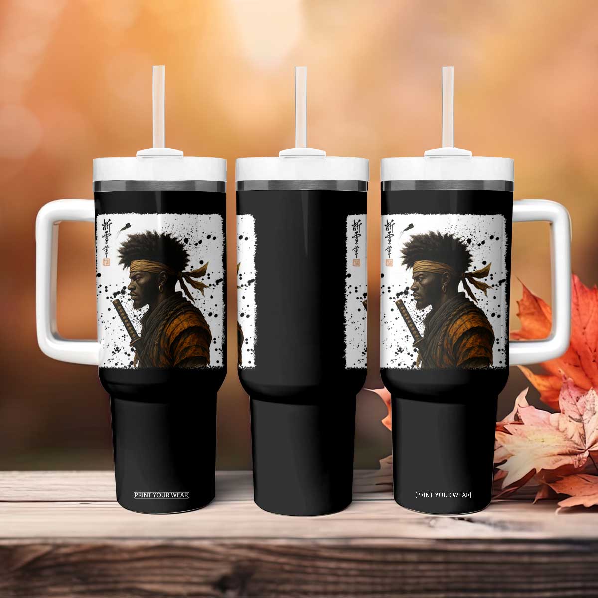 Afro American Samurai Tumbler With Handle Japanese Vintage Graphic Sumie Katana TS12 Print Your Wear