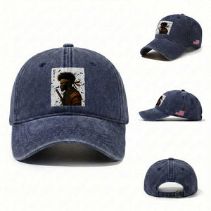Afro American Samurai Washed Cotton Baseball Cap Japanese Vintage Graphic Sumie Katana TS12 Washed Cap Universal Fit Navy Print Your Wear