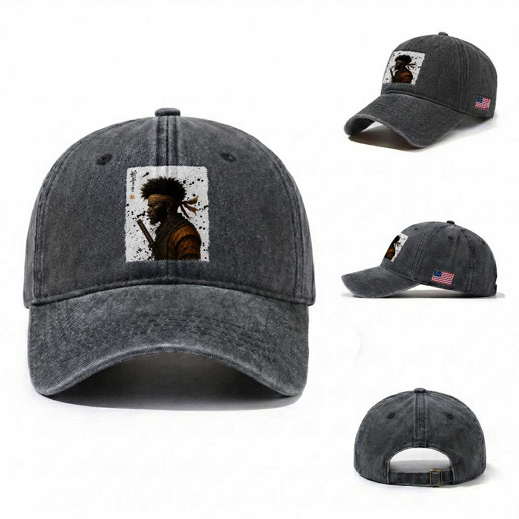 Afro American Samurai Washed Cotton Baseball Cap Japanese Vintage Graphic Sumie Katana TS12 Washed Cap Universal Fit Dark Gray Print Your Wear