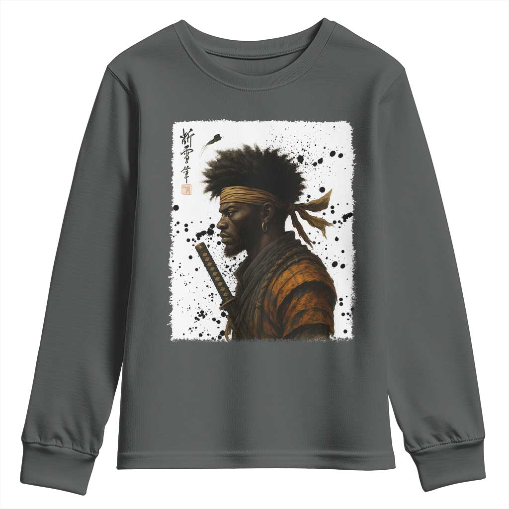 Afro American Samurai Youth Sweatshirt Japanese Vintage Graphic Sumie Katana TS12 Dark Heather Print Your Wear