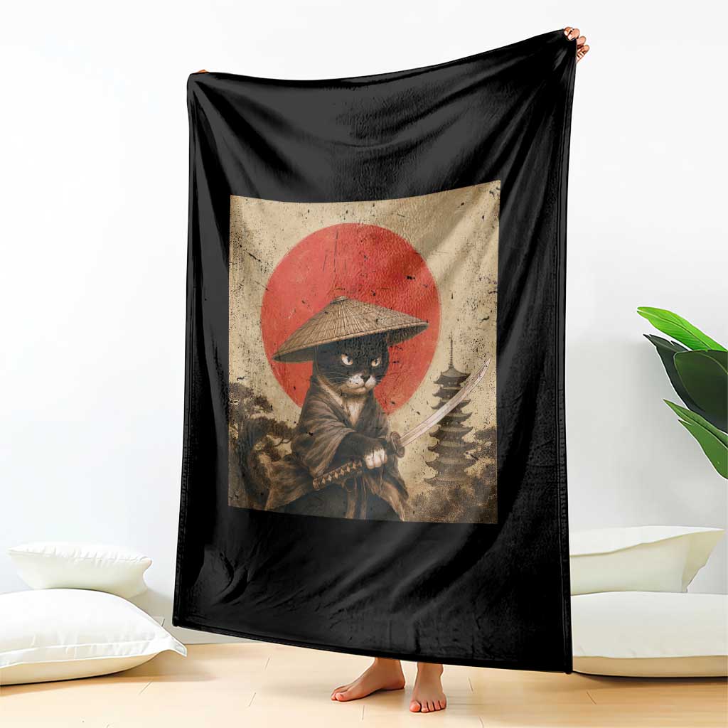 Vintage Samurai Black Cat Japanese Katana Throw Blanket Ukiyoe Cat Lover Gift TS12 Print Your Wear