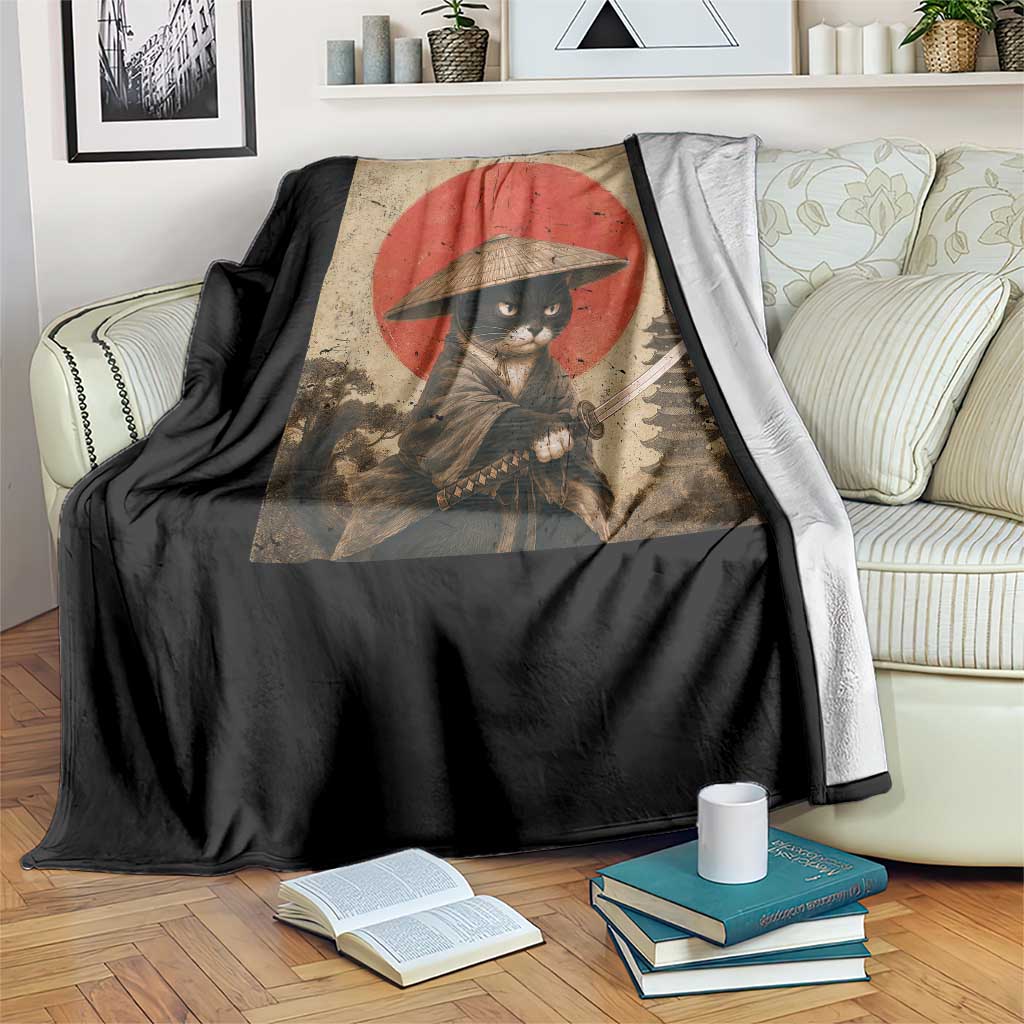 Vintage Samurai Black Cat Japanese Katana Throw Blanket Ukiyoe Cat Lover Gift TS12 Print Your Wear