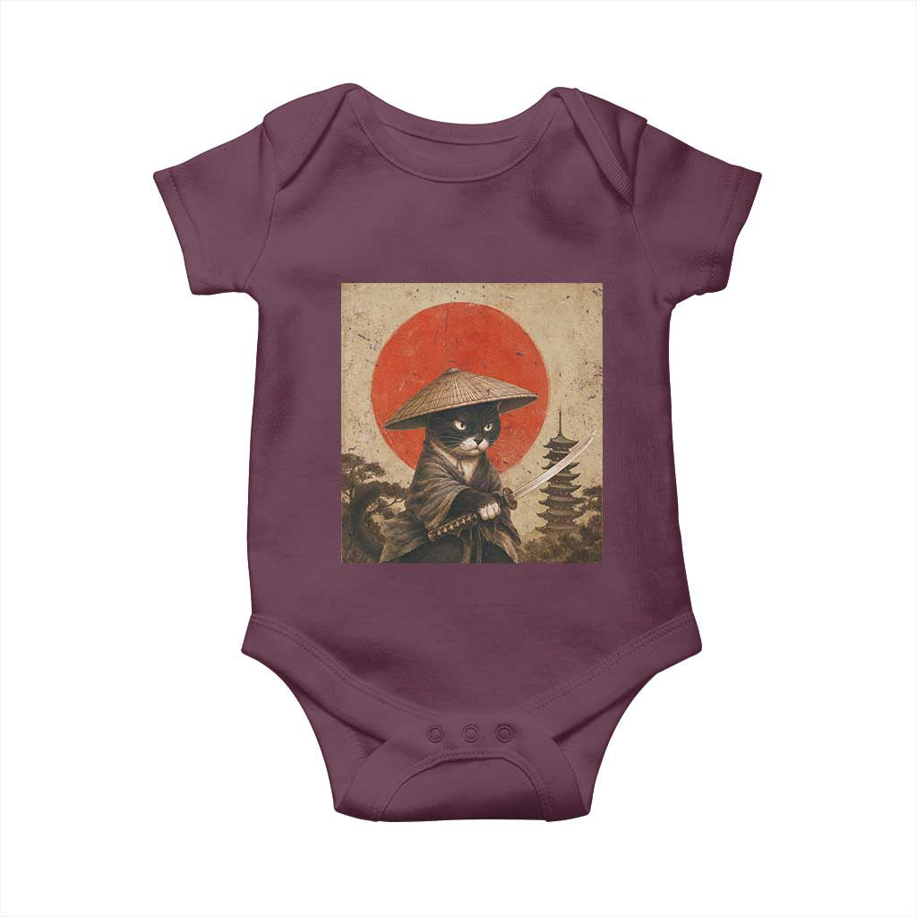 Vintage Samurai Black Cat Japanese Katana Baby Onesie Ukiyoe Cat Lover Gift TS12 Maroon Print Your Wear