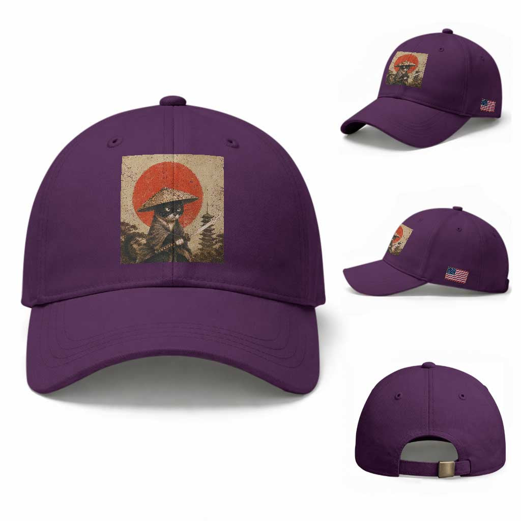 Vintage Samurai Black Cat Japanese Katana Baseball Cap Ukiyoe Cat Lover Gift TS12 Baseball Cap Universal Fit Purple Print Your Wear
