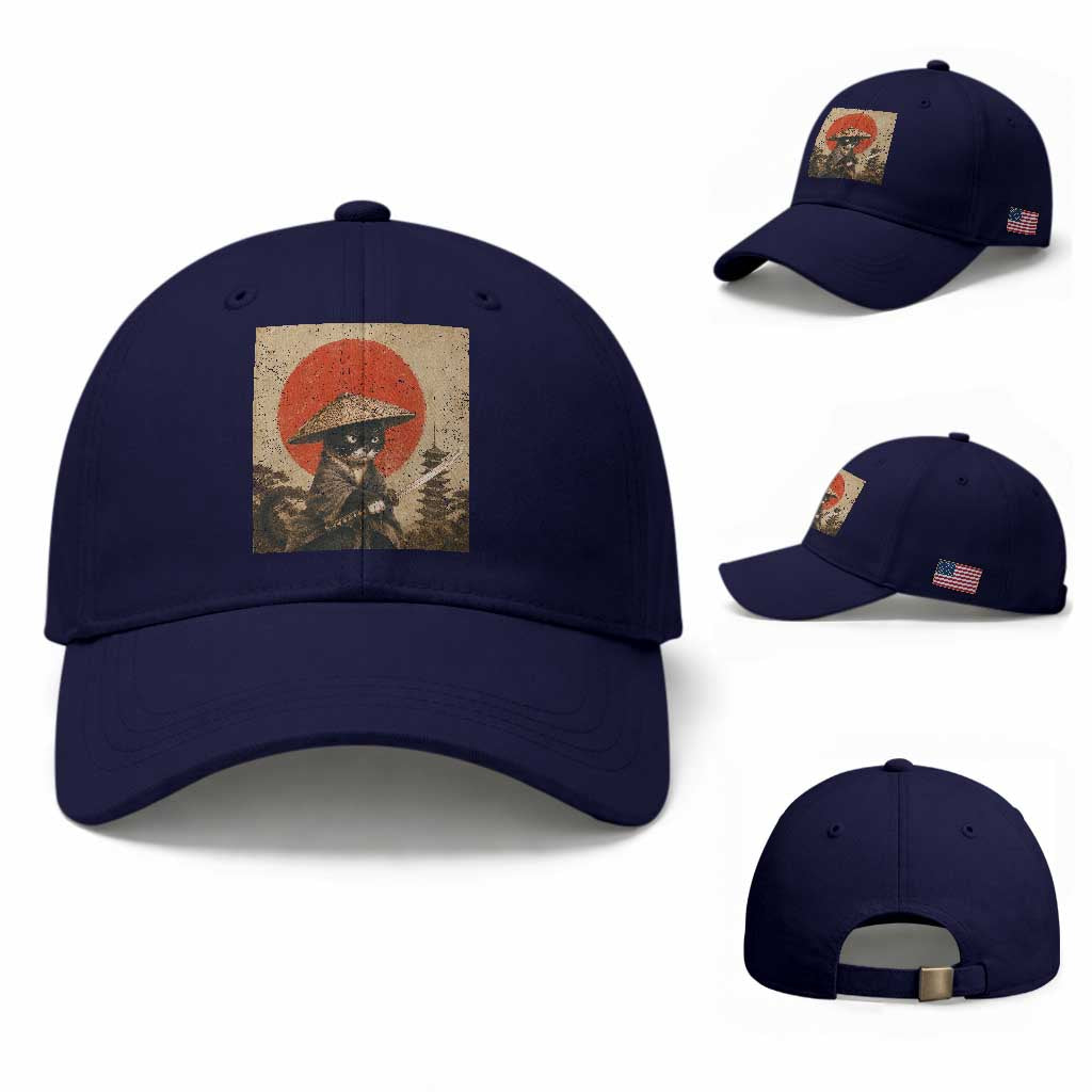 Vintage Samurai Black Cat Japanese Katana Baseball Cap Ukiyoe Cat Lover Gift TS12 Baseball Cap Universal Fit Dark Blue Print Your Wear