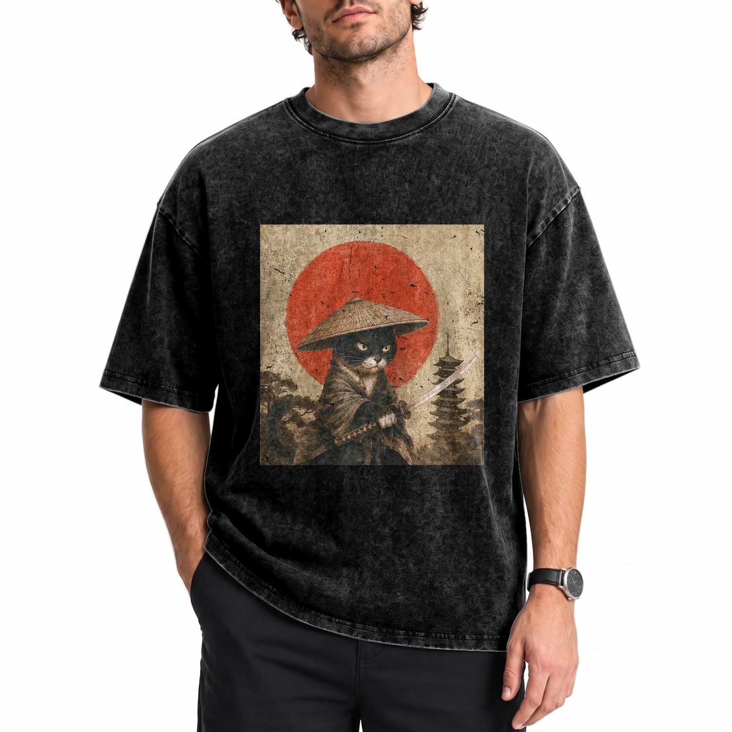 Vintage Samurai Black Cat Japanese Katana Washed Cotton T-Shirt Ukiyoe Cat Lover Gift