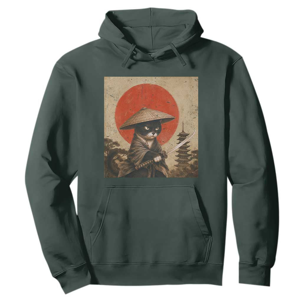 Vintage Samurai Black Cat Japanese Katana Hoodie Ukiyoe Cat Lover Gift TS12 Dark Forest Green Print Your Wear