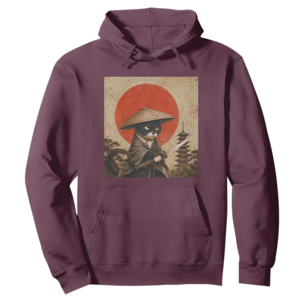 Vintage Samurai Black Cat Japanese Katana Hoodie Ukiyoe Cat Lover Gift TS12 Maroon Print Your Wear