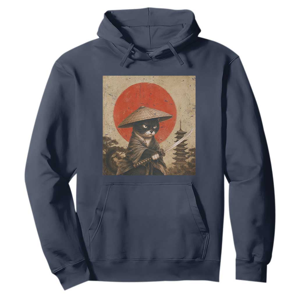 Vintage Samurai Black Cat Japanese Katana Hoodie Ukiyoe Cat Lover Gift TS12 Navy Print Your Wear