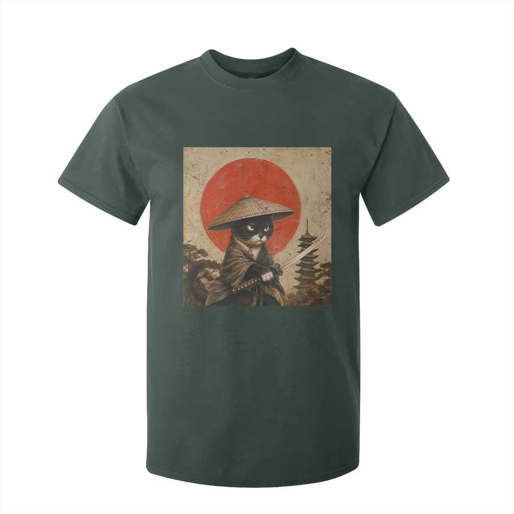 Vintage Samurai Black Cat Japanese Katana T Shirt For Kid Ukiyoe Cat Lover Gift TS12 Dark Forest Green Print Your Wear