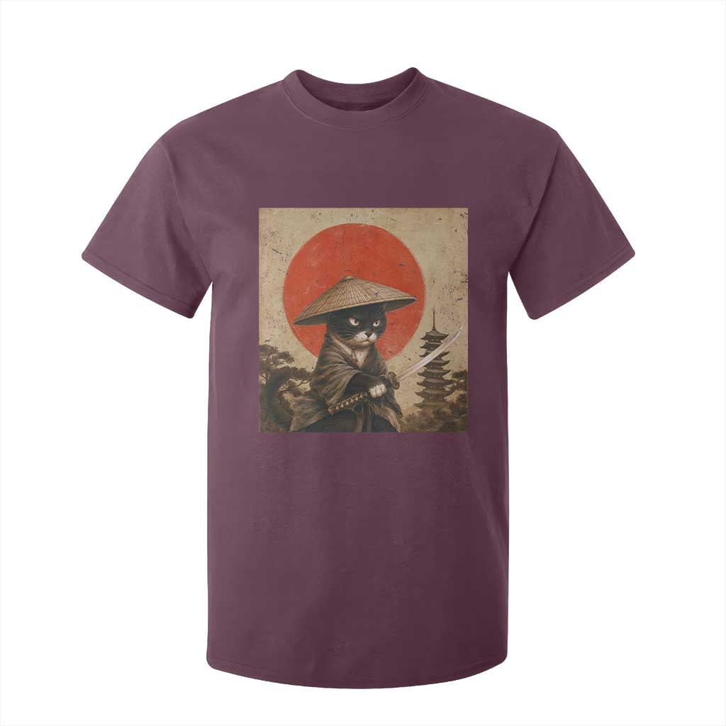 Vintage Samurai Black Cat Japanese Katana T Shirt For Kid Ukiyoe Cat Lover Gift TS12 Maroon Print Your Wear