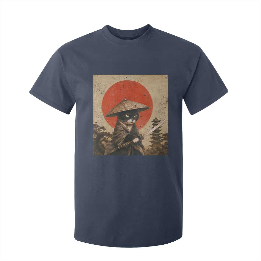 Vintage Samurai Black Cat Japanese Katana T Shirt For Kid Ukiyoe Cat Lover Gift TS12 Navy Print Your Wear