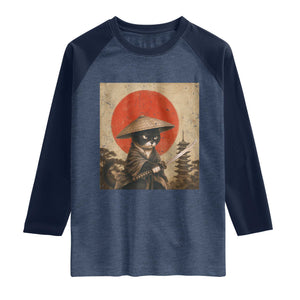 Vintage Samurai Black Cat Japanese Katana Raglan Shirt Ukiyoe Cat Lover Gift TS12 Heather Denim Navy Print Your Wear