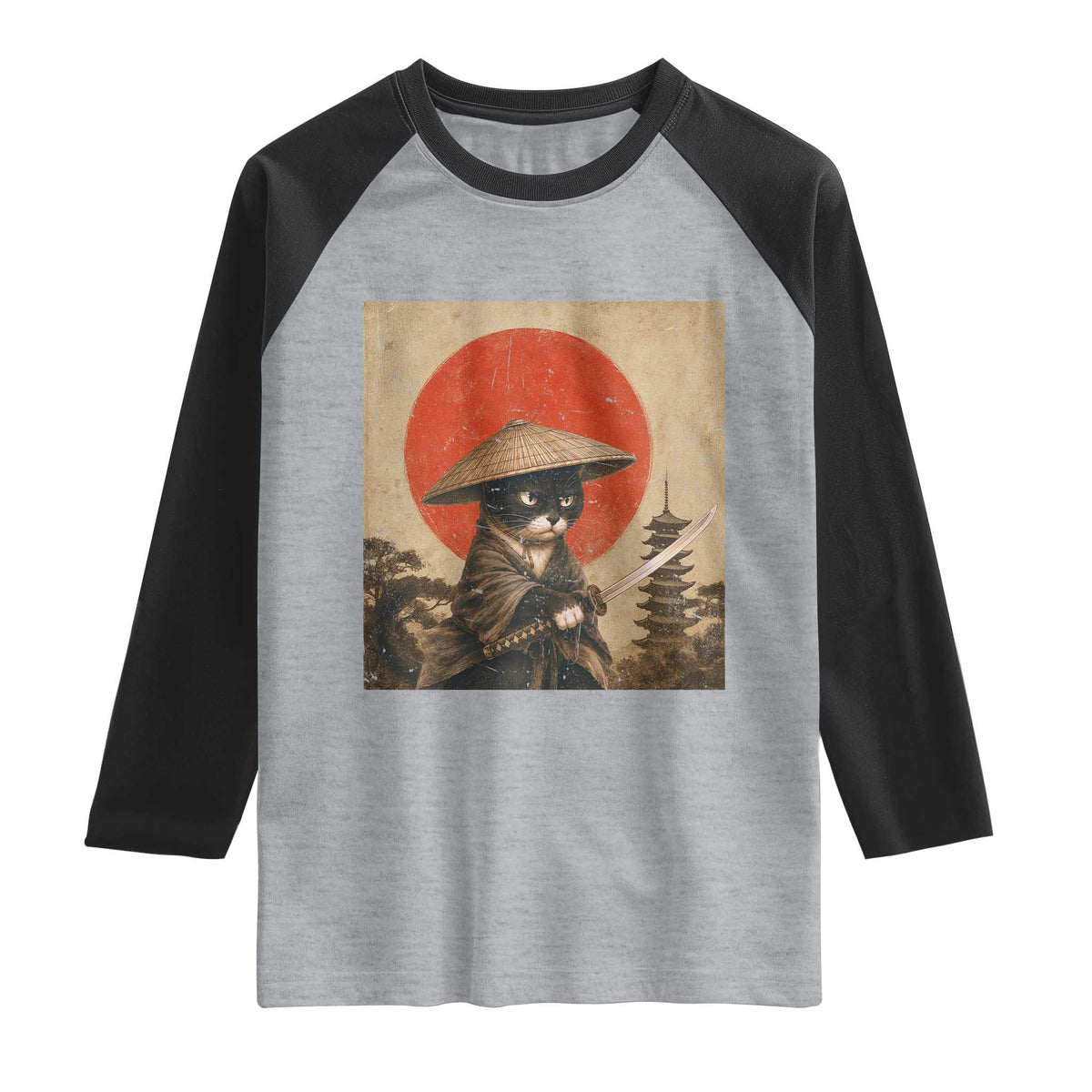 Vintage Samurai Black Cat Japanese Katana Raglan Shirt Ukiyoe Cat Lover Gift TS12 Heather Gray Black Print Your Wear