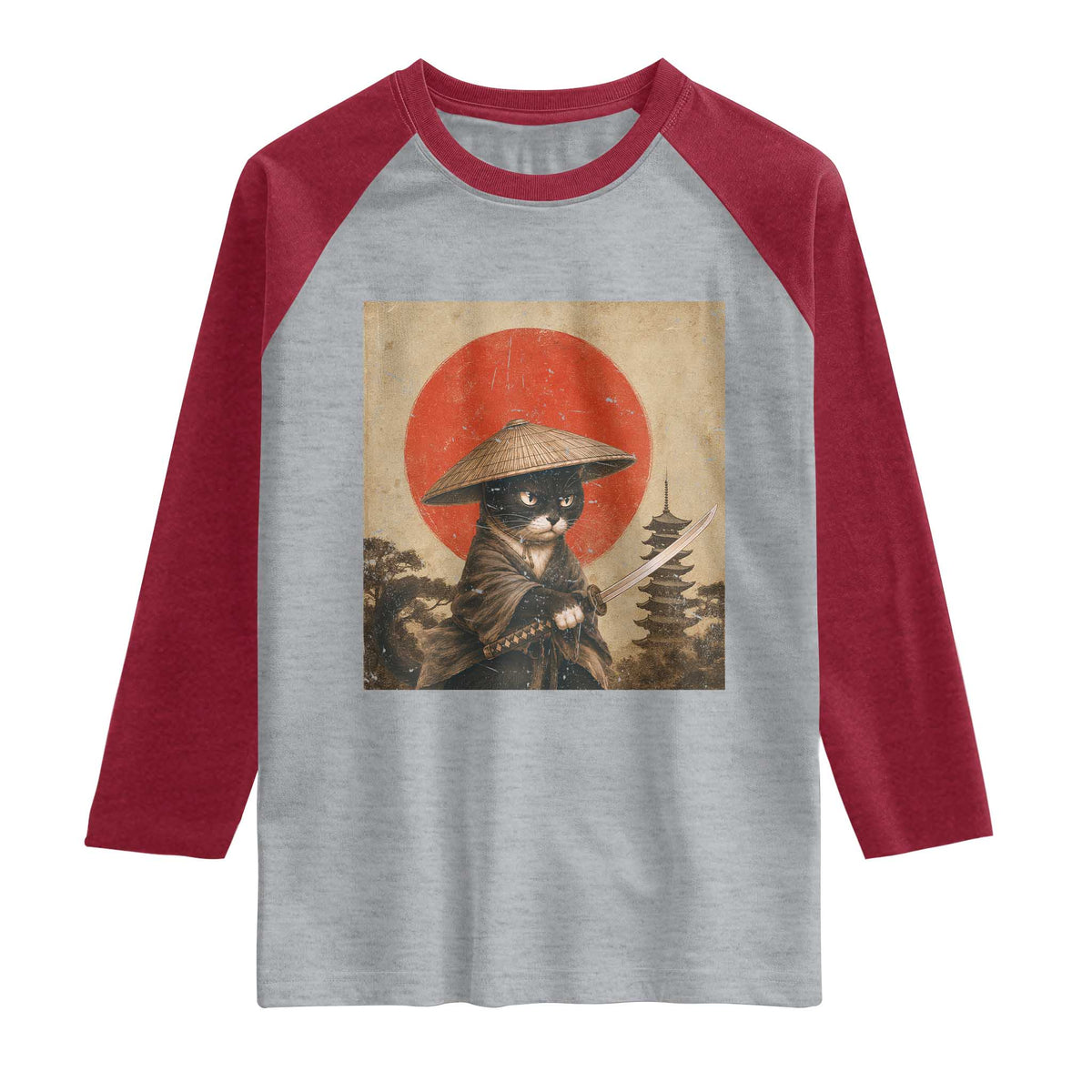 Vintage Samurai Black Cat Japanese Katana Raglan Shirt Ukiyoe Cat Lover Gift TS12 Heather Gray Heather Red Print Your Wear