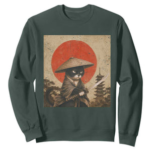 Vintage Samurai Black Cat Japanese Katana Sweatshirt Ukiyoe Cat Lover Gift TS12 Dark Forest Green Print Your Wear