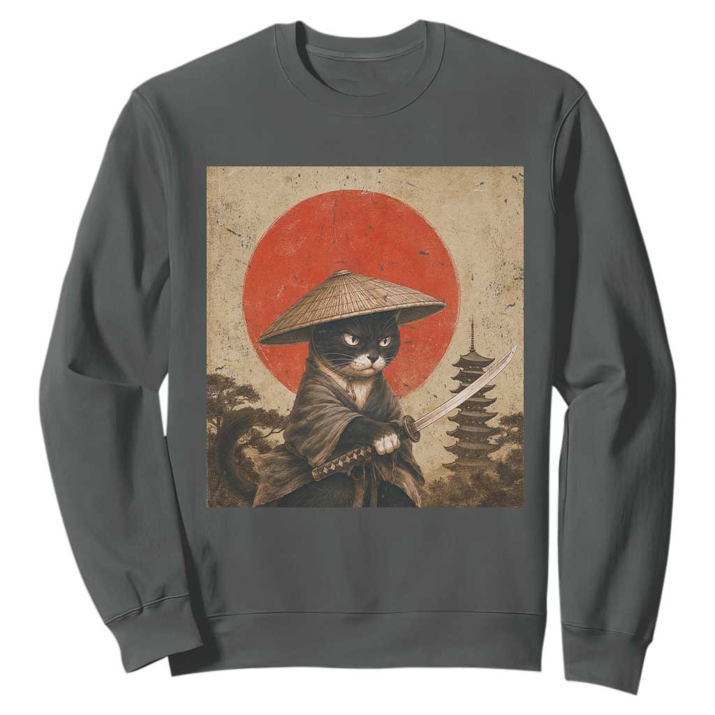 Vintage Samurai Black Cat Japanese Katana Sweatshirt Ukiyoe Cat Lover Gift TS12 Dark Heather Print Your Wear