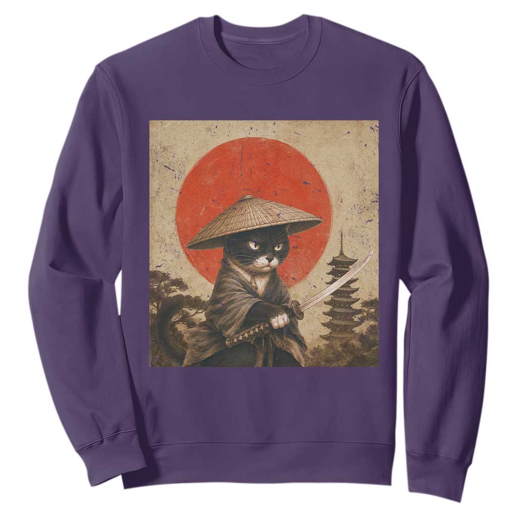 Vintage Samurai Black Cat Japanese Katana Sweatshirt Ukiyoe Cat Lover Gift TS12 Purple Print Your Wear