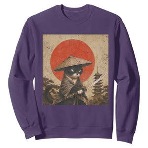 Vintage Samurai Black Cat Japanese Katana Sweatshirt Ukiyoe Cat Lover Gift TS12 Purple Print Your Wear