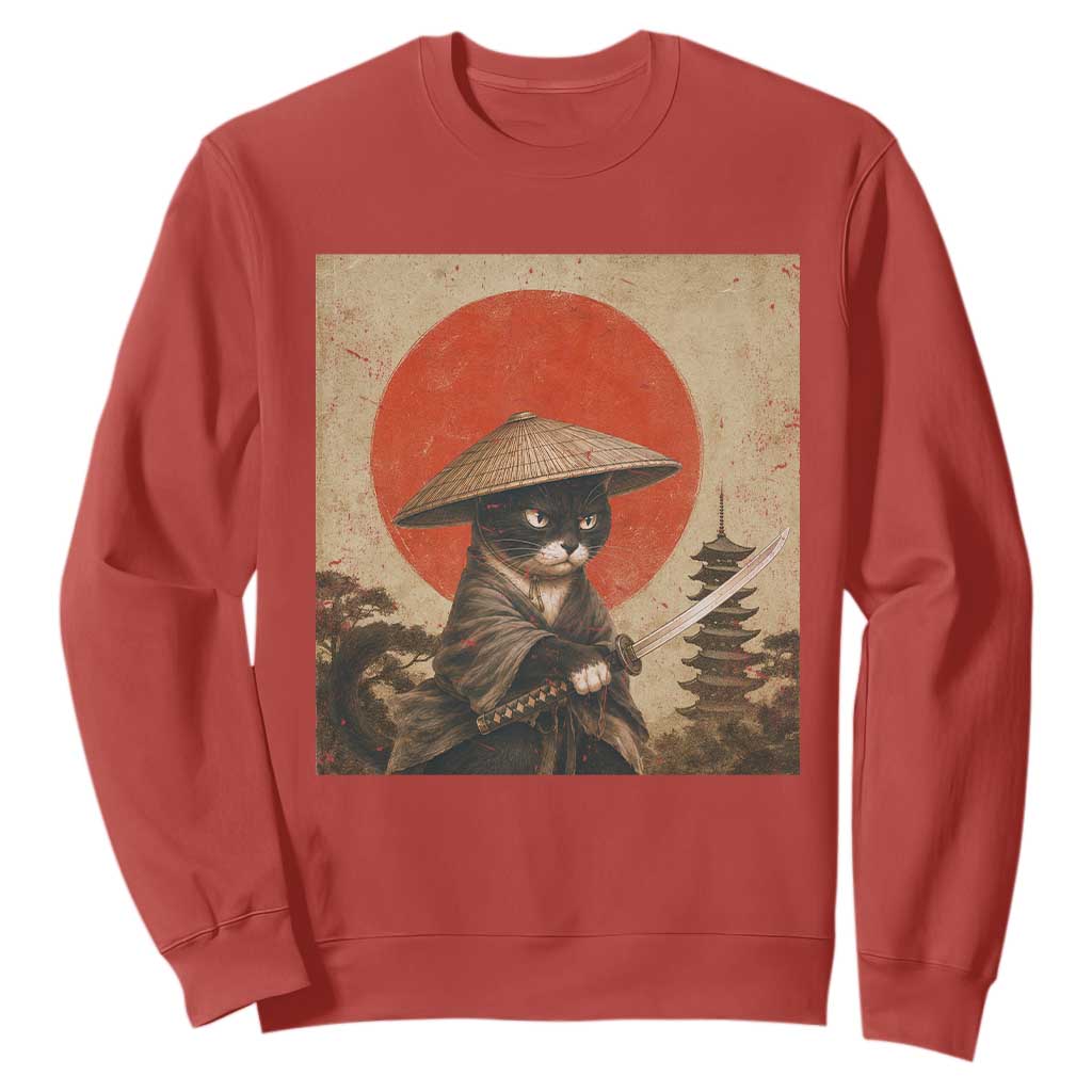 Vintage Samurai Black Cat Japanese Katana Sweatshirt Ukiyoe Cat Lover Gift TS12 Red Print Your Wear