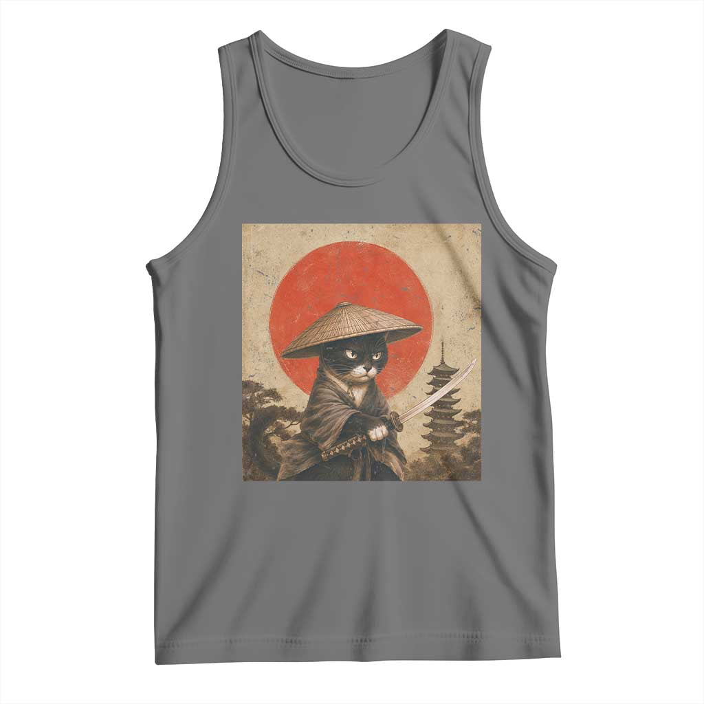 Vintage Samurai Black Cat Japanese Katana Tank Top Ukiyoe Cat Lover Gift TS12 Black Heather Print Your Wear