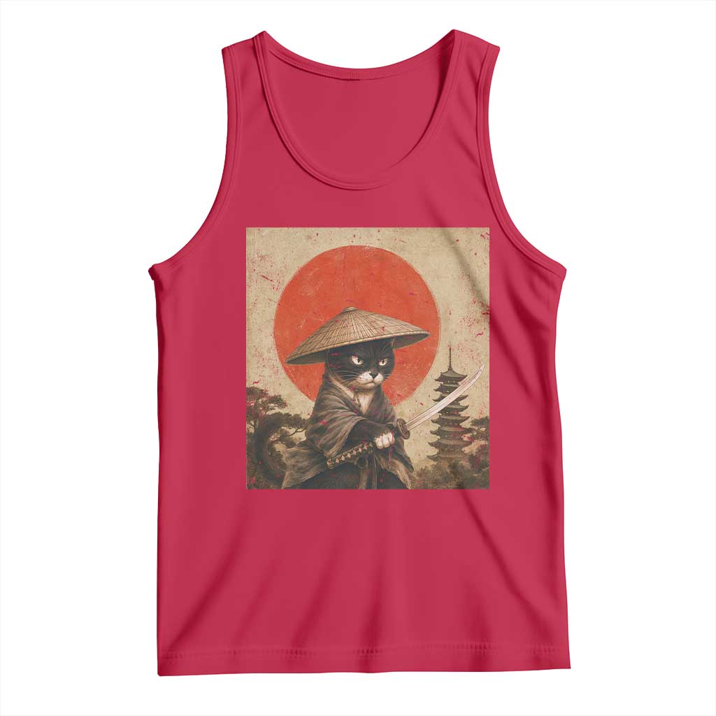 Vintage Samurai Black Cat Japanese Katana Tank Top Ukiyoe Cat Lover Gift TS12 Red Print Your Wear