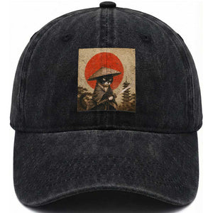 Vintage Samurai Black Cat Japanese Katana Washed Cotton Baseball Cap Ukiyoe Cat Lover Gift TS12 Print Your Wear