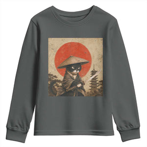 Vintage Samurai Black Cat Japanese Katana Youth Sweatshirt Ukiyoe Cat Lover Gift TS12 Dark Heather Print Your Wear