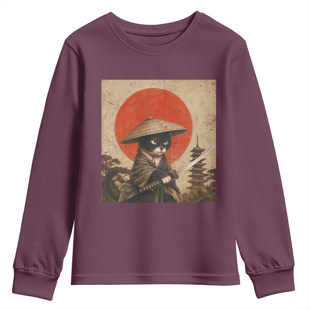 Vintage Samurai Black Cat Japanese Katana Youth Sweatshirt Ukiyoe Cat Lover Gift TS12 Maroon Print Your Wear