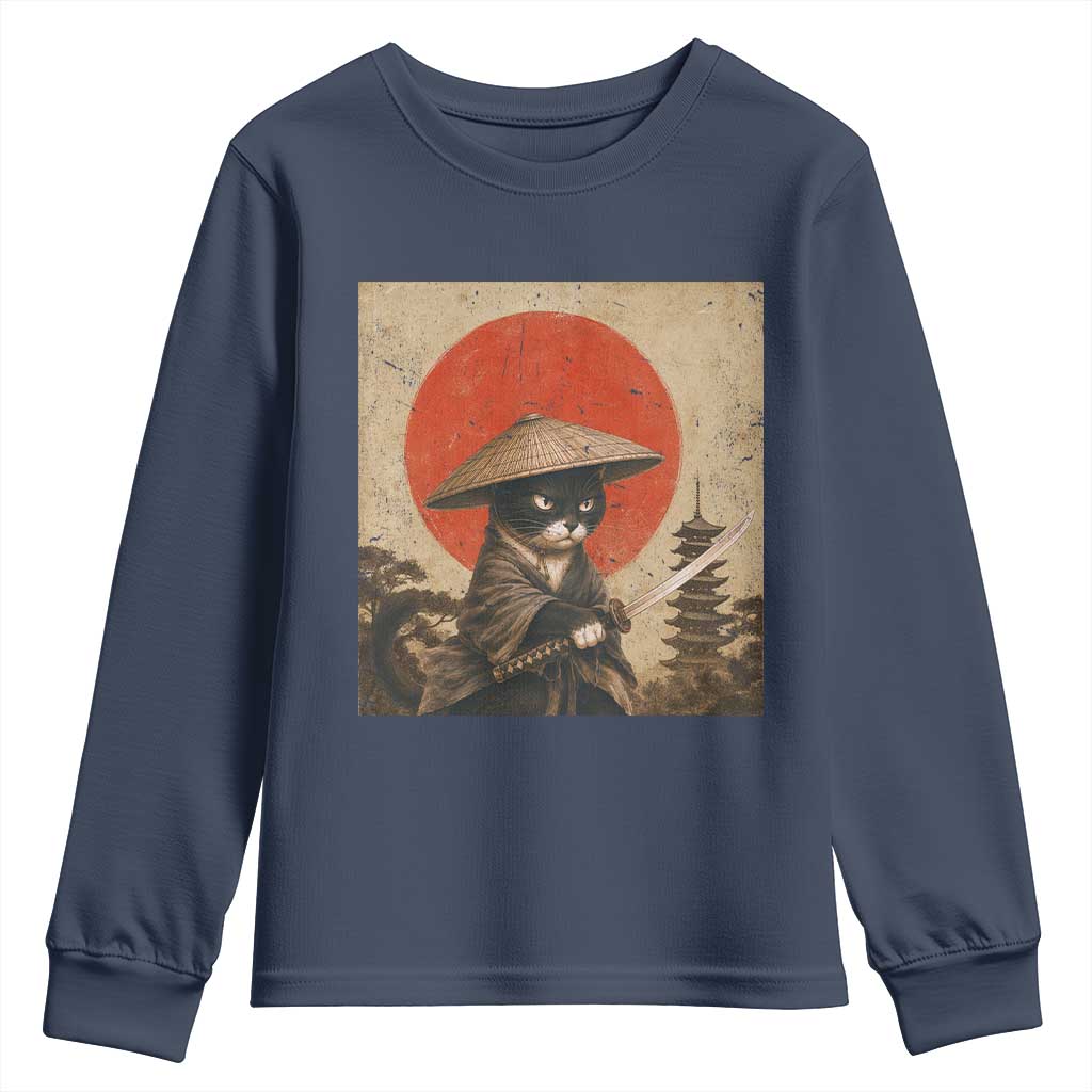 Vintage Samurai Black Cat Japanese Katana Youth Sweatshirt Ukiyoe Cat Lover Gift TS12 Navy Print Your Wear