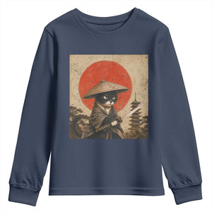 Vintage Samurai Black Cat Japanese Katana Youth Sweatshirt Ukiyoe Cat Lover Gift TS12 Navy Print Your Wear